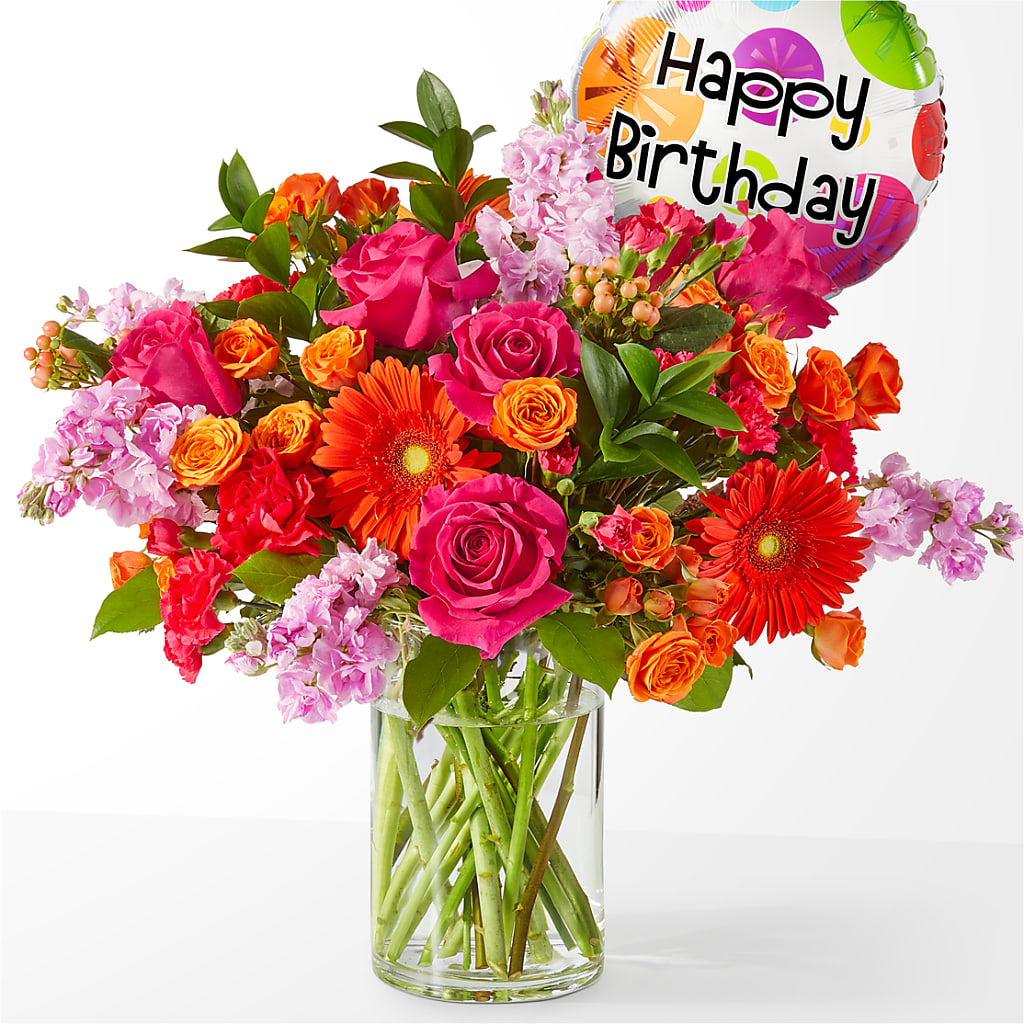Fiesta Bouquet with Birthday Balloon – Sweet As Can Bee Florals, Baltimore MD