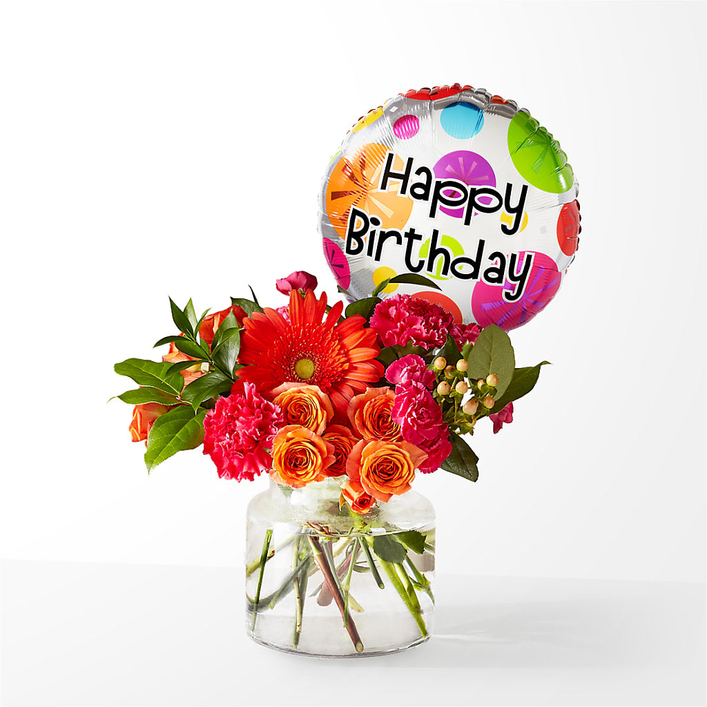Fiesta Bouquet with Birthday Balloon – Sweet As Can Bee Florals, Baltimore MD