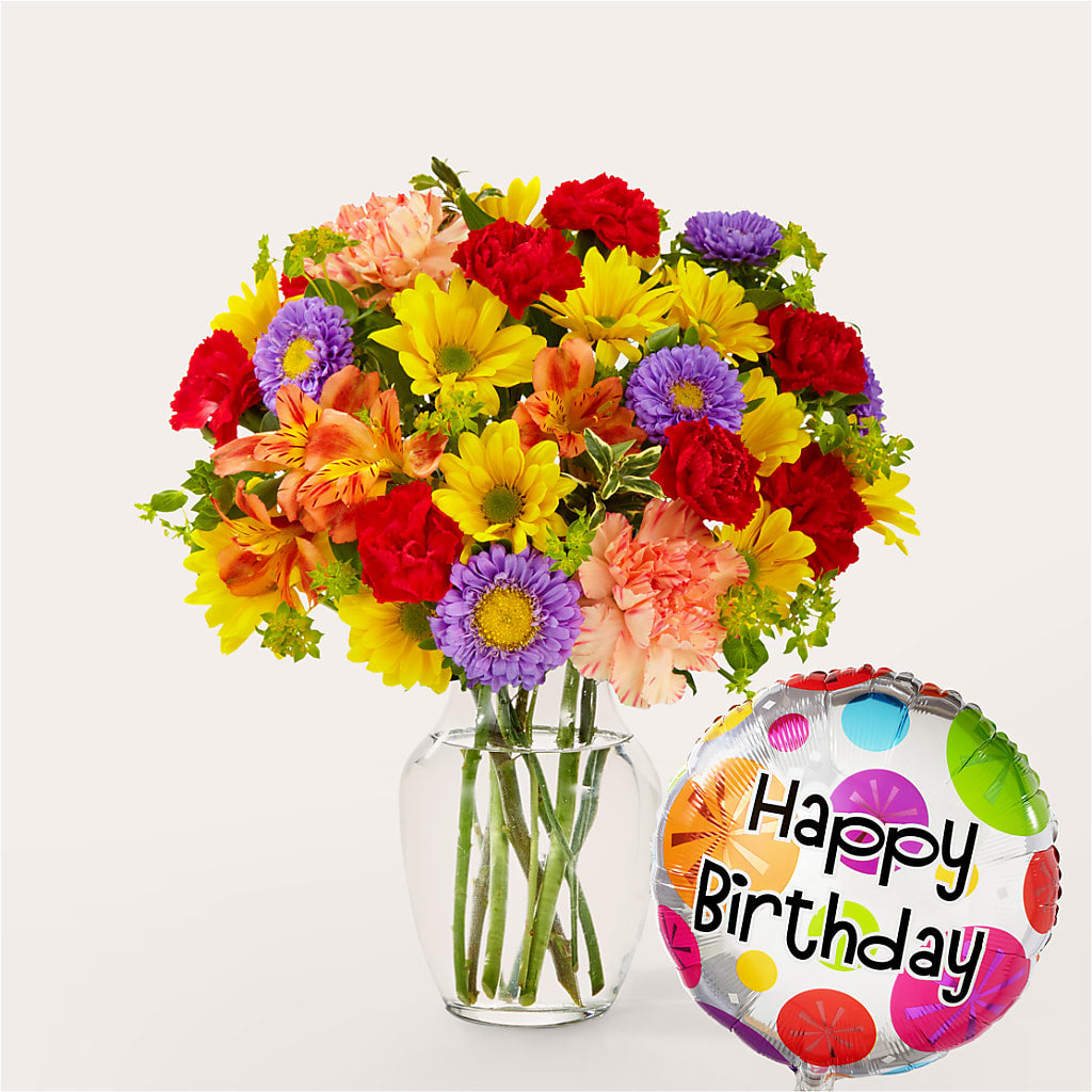 Kaleidoscope Bouquet with Birthday Balloon – Sweet As Can Bee Florals, Baltimore MD