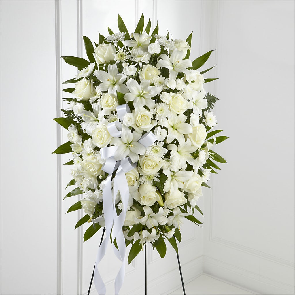 Exquisite Tribute Standing Spray-White Ribbon – Sweet As Can Bee Florals, Baltimore MD