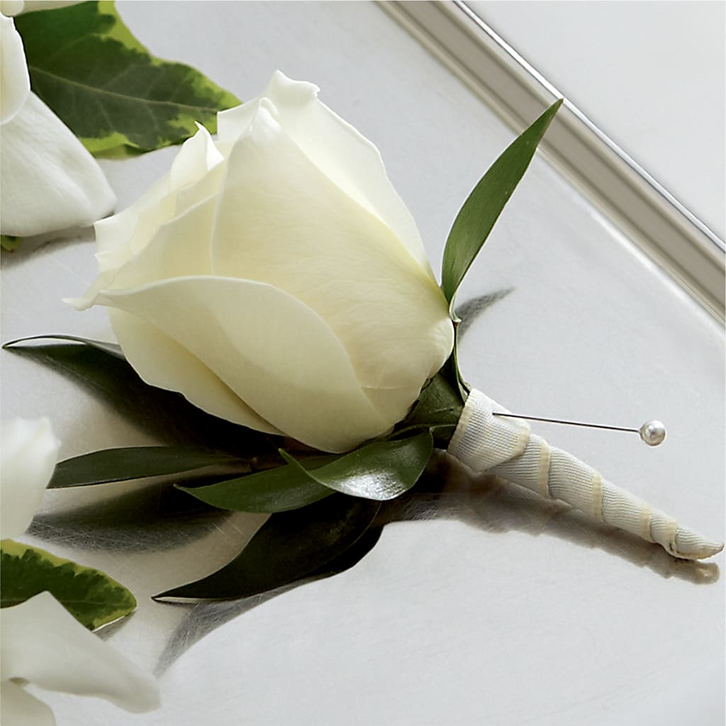 White Rose Boutonniere – Sweet As Can Bee Florals, Baltimore MD