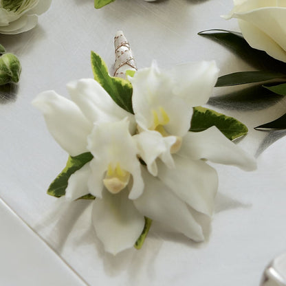 White Mini Cymbidium Boutonniere –  Sweet As Can Bee Florals, Baltimore MD